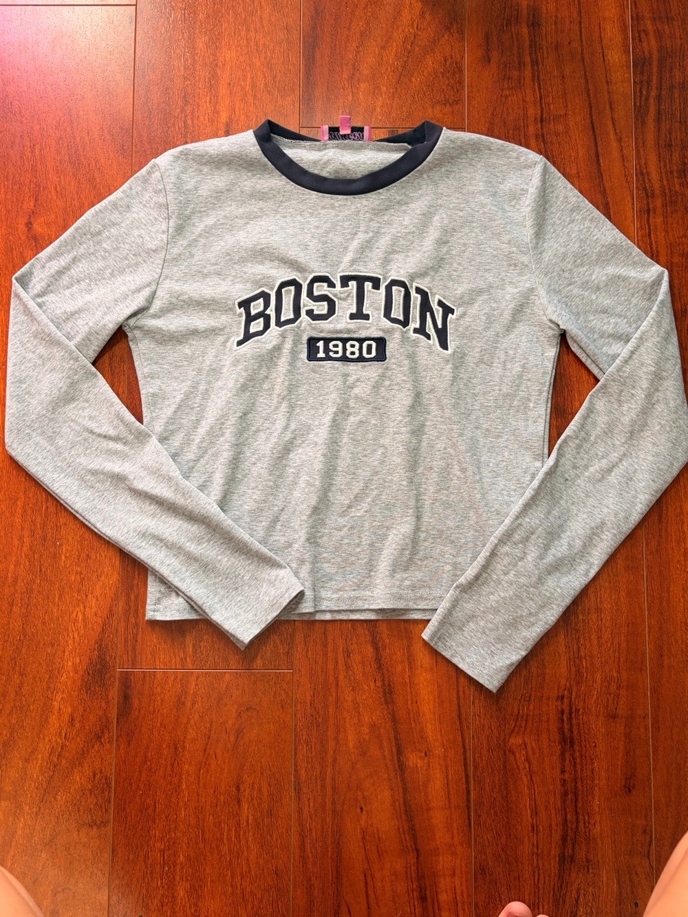 Edikted Gray "Boston 1980" Long Sleeve Tee with Navy Trim